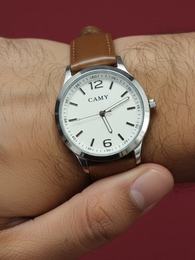 CAMY Men's Leather Strap Watch - Elegant Everyday Wear