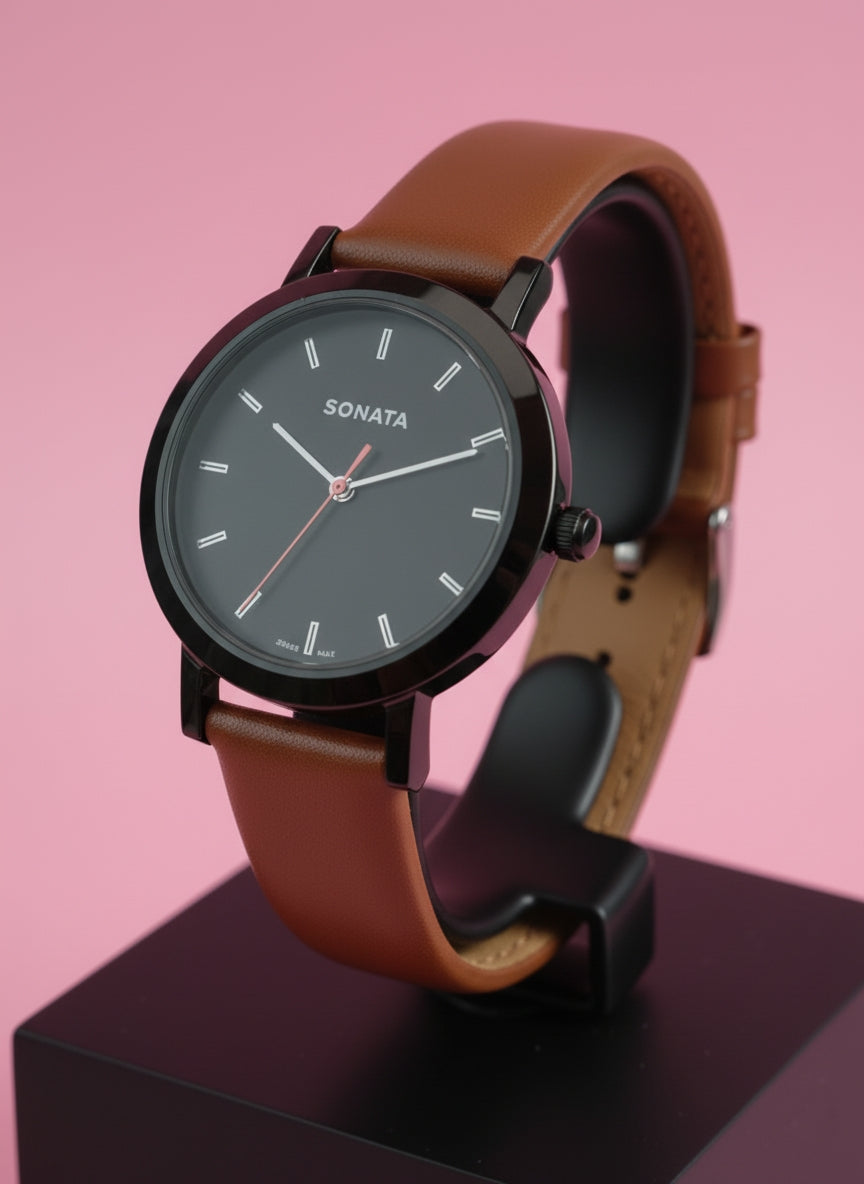 Sonata Women's Brown Leather Strap Watch - Minimal Elegant Design