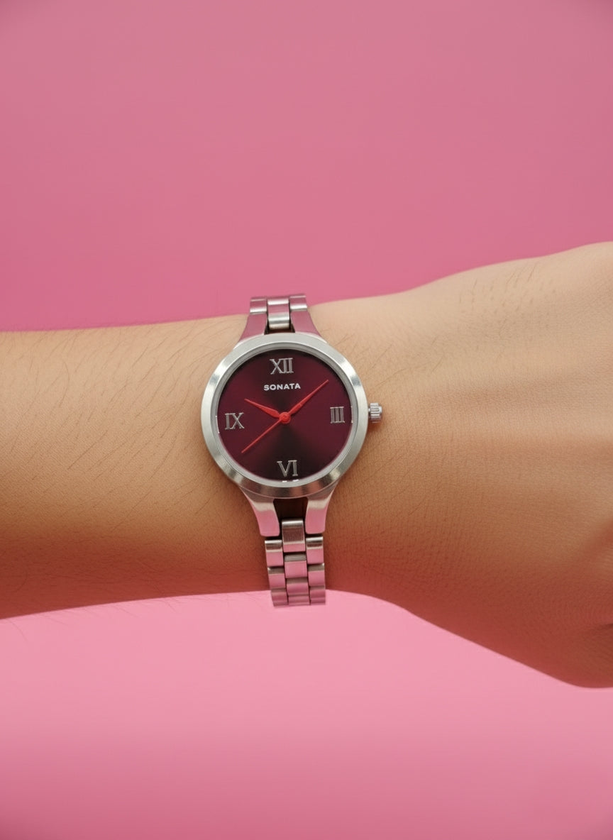 Sonata Women's Silver Stainless Steel Analog Watch - Modern & Stylish.
