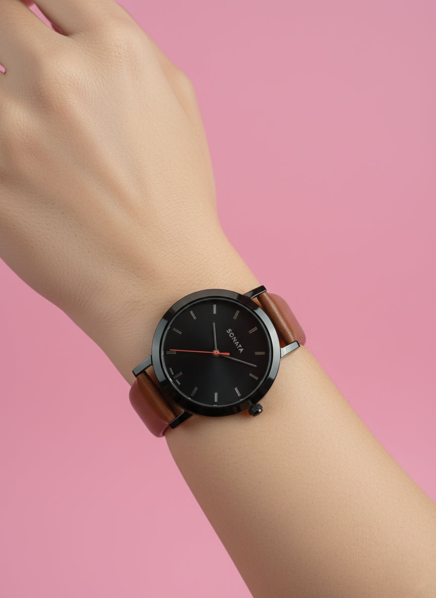 Sonata Women's Brown Leather Strap Watch - Minimal Elegant Design