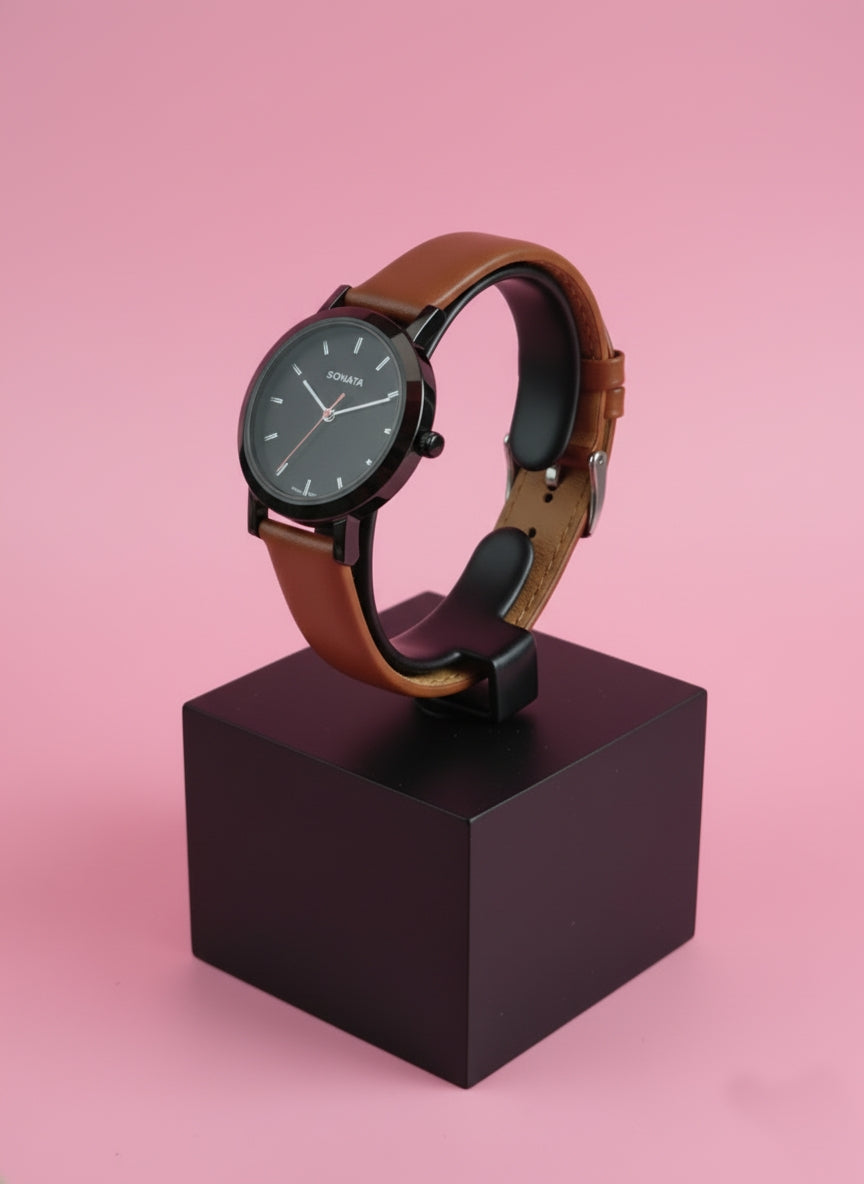 Sonata Women's Brown Leather Strap Watch - Minimal Elegant Design